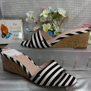 (A) Kate Spade New York women's striped canvas sandals, size 5, cork platform